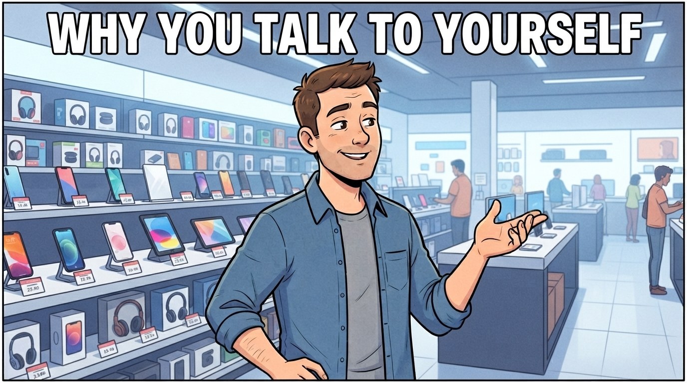 Same character consistently rendered in an electronics store, generated in Google Flow by changing the setting within the same chat