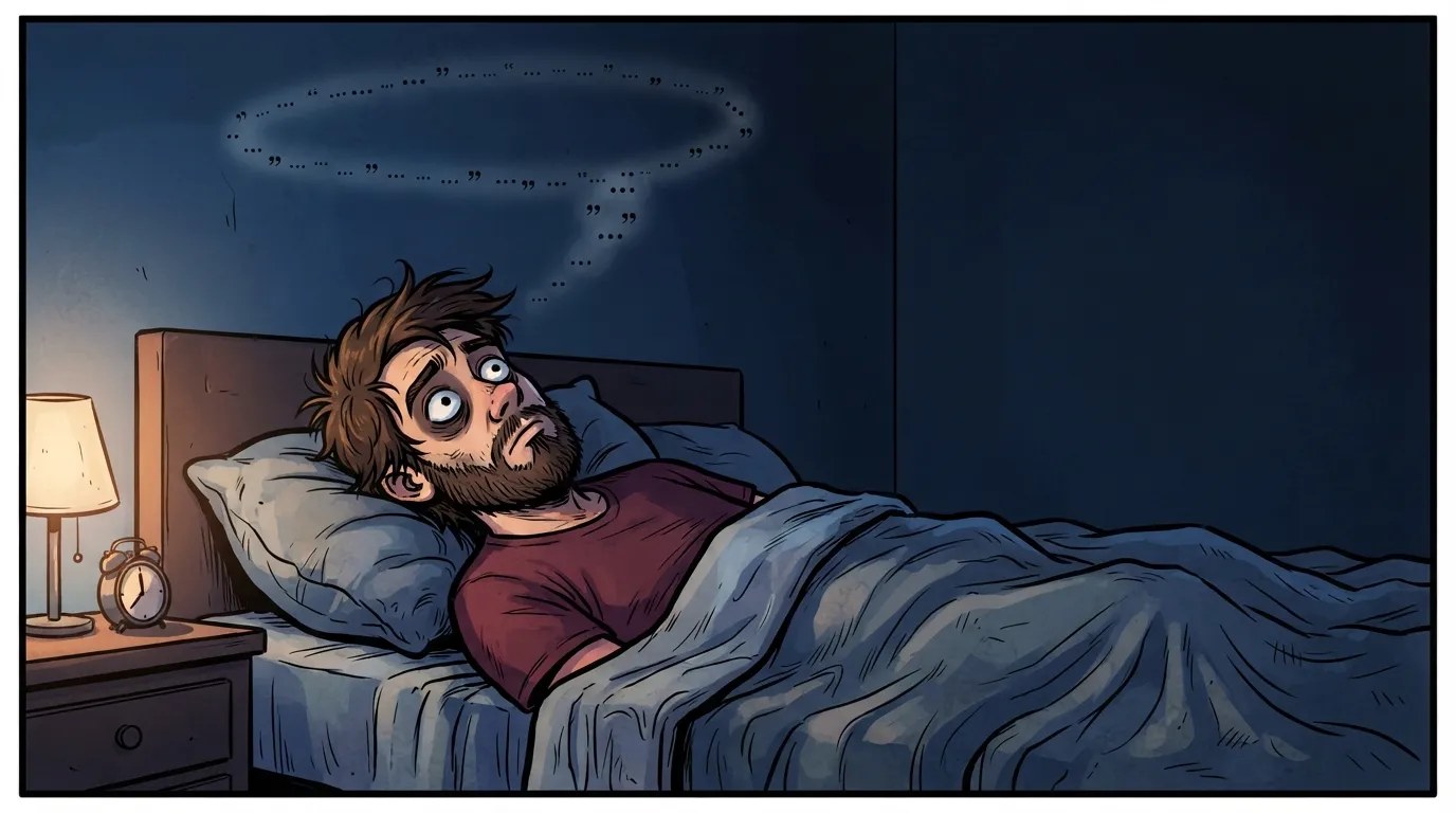 Man lying awake in bed, exhausted, with a thought bubble made of quotation marks above his head, illustrating replaying conversations