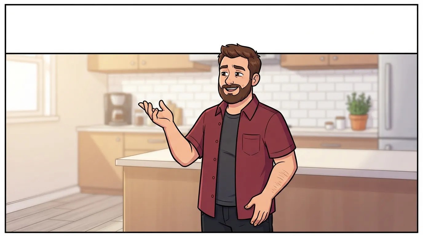 Man mid-conversation with himself in his kitchen, gesturing with one hand, self-aware amused expression
